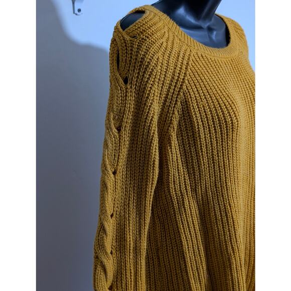Rue21 Mustard Yellow Cable Knit Sweater Lace Up Sleeve Detail Pullover Medium - Picture 2 of 5